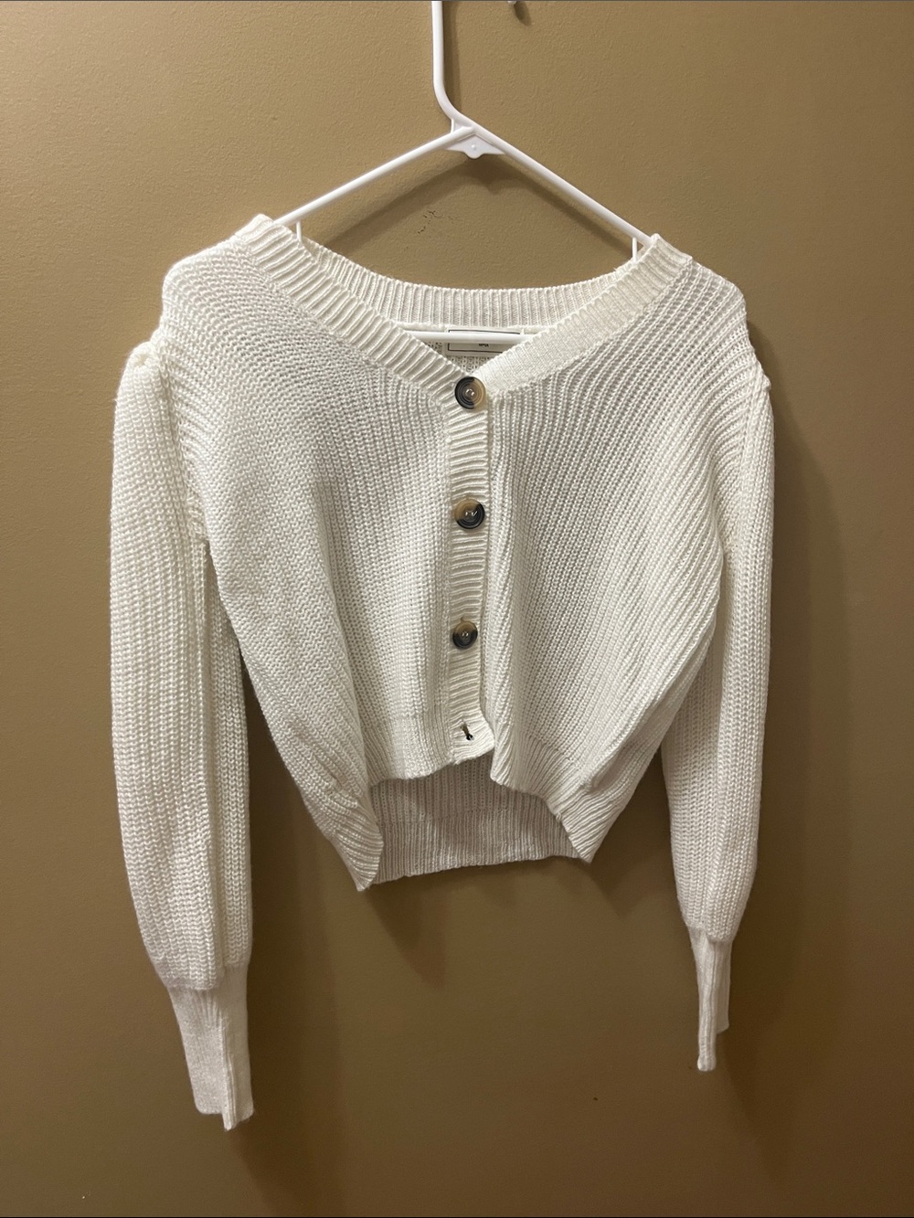 Cropped White Button-Front Knit Cardigan